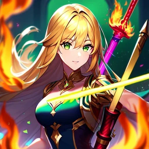 8k, Girl, high quality, detailed, golden hair, green eyes, beautiful lighting, vibrant colors, fire sword