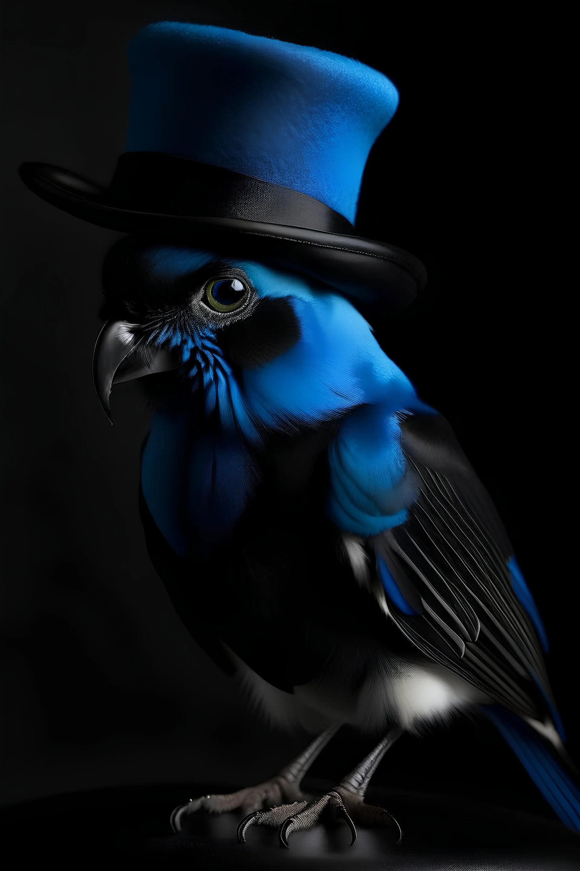 Blue Budgie with a tall black tophat on.