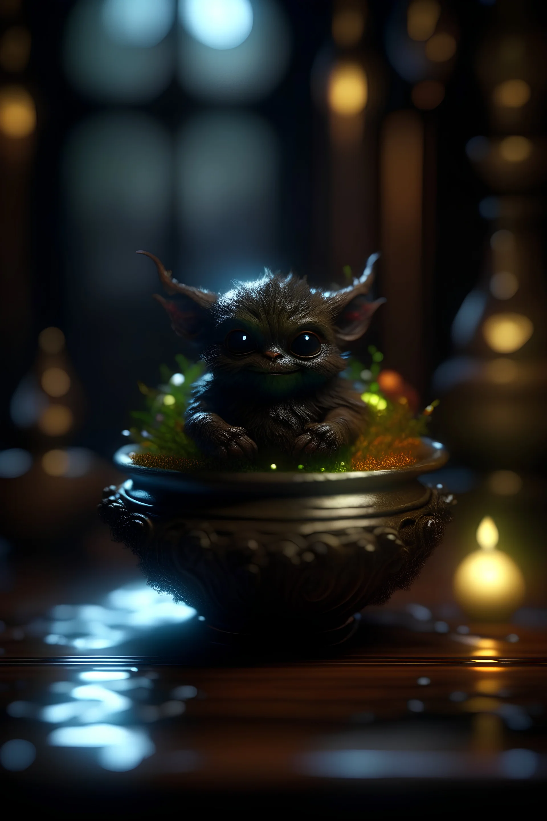 magical nightmare, cauldron with shining sigil and containing a slightly alien fur ball gremlin in it, prize winning oil painting, ,bokeh like f/0.8, tilt-shift lens 8k, high detail, smooth render, down-light, unreal engine