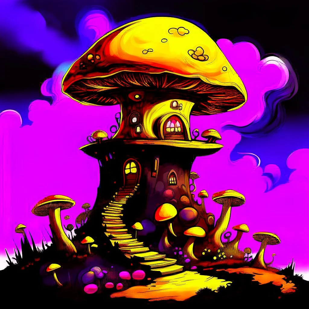 A fantabulous black, magenta and yellow (((mushroom tower house))) erected atop a (geologic pillar), surrounded by the uncanny imaginative ((( swirling skies))), offset by the stark hues of a (neon-tinged nebulous space scape), within. captured by the hand a skilled master painter with a focus on (softly blurred compositions and voluminous lighting).