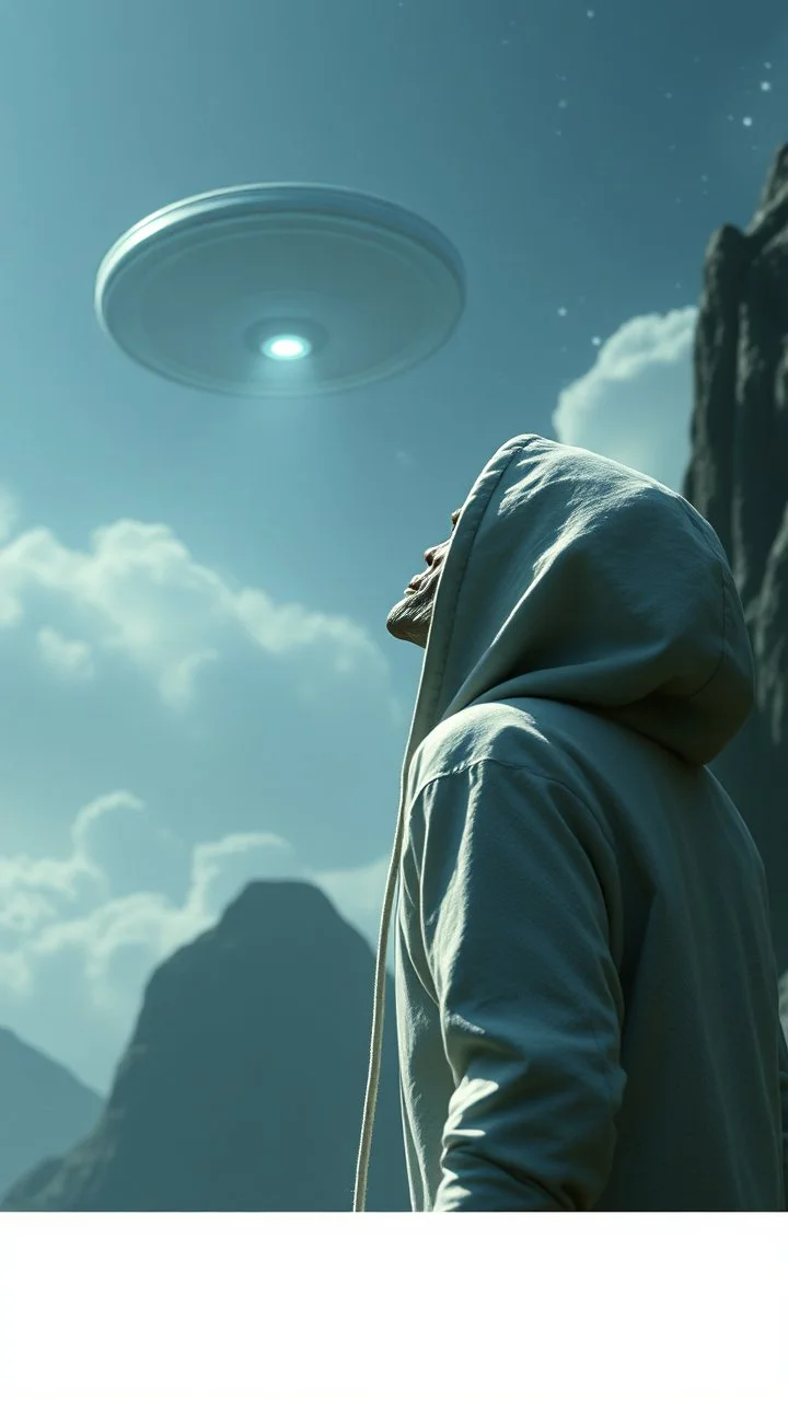 The creature from the the movie Prometheus with white hooded clothes looking up at ufo in the sky 3-2 view