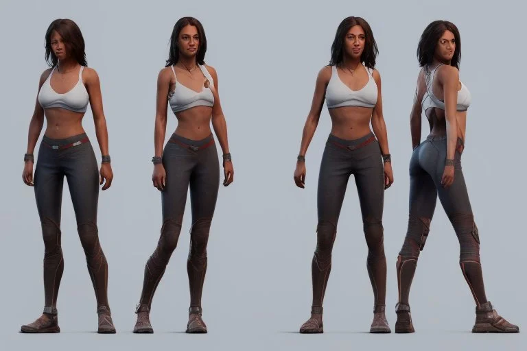 Female character full anatomy Proportions of the character the head-to-body ratio . Front, Side, and Back Views: Provide multiple views of the character, including front, side, and back mode sheet .stylized animation character 8k Art station. realistic style