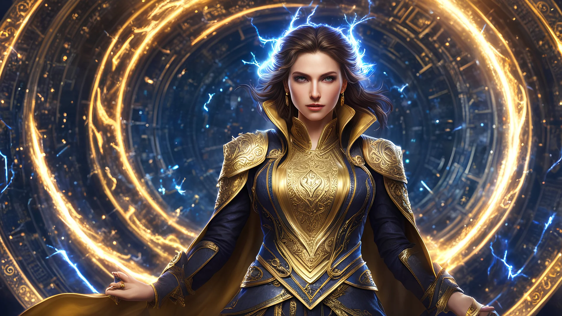 (mage :1.3) in spiral lightning background, perfect beautiful face, realistic, full body, standing on ground, circuit board, in intricate clothing, elegant pose, fantasy, illustration, artstation