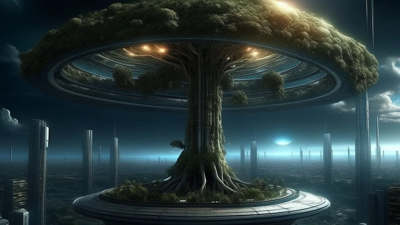 the last tree, city of the future year 4222, portal to space, very realistic,