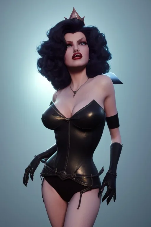 Rita Hayworth as evil queen in black leather, busty, cleavage, curvy, angry, stern look. character design by cory loftis, fenghua zhong, ryohei hase, ismail inceoglu and ruan jia. unreal engine 5, artistic lighting, highly detailed, photorealistic, fantasy