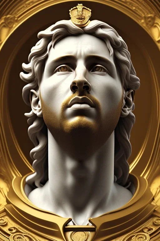 Ultra Realistic image, classical renaissance sculpture, white marble material, Lionel Messi, sun radial crown, chisel style, waist up portrait, epic, celestial, gold, cinematic lighting, God light, god rays, 4k resolution, smooth details, ornate details, soft lighting, unreal engine 5, marble background.