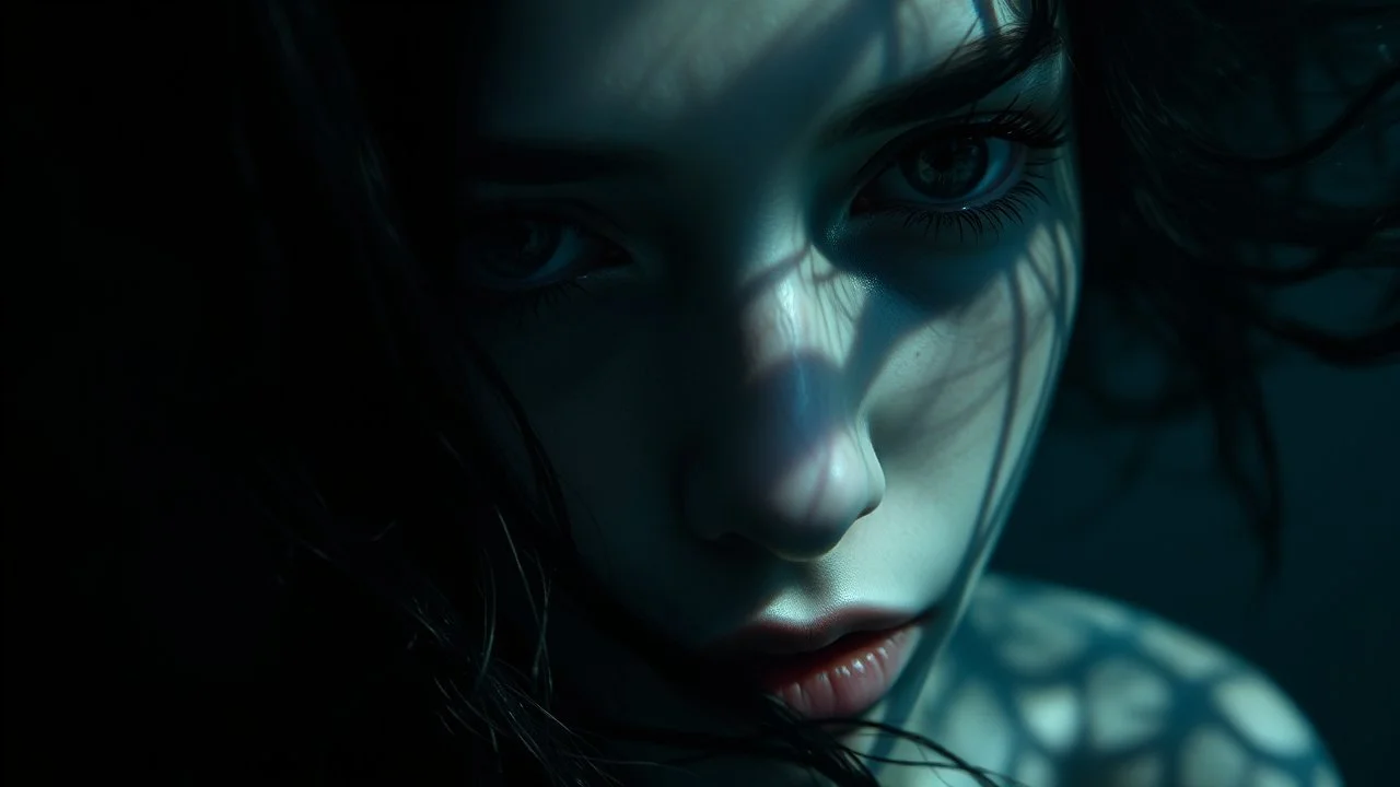 close up face shadow eyes, void, pain, hyper-realistic detail, floats in deep sea, Dark sea ten and in her hair, drils and shadow around, abyss, fog, Style crepy stunning, dark, surreal vibe underwater and meticulous detail clean pale skin and face. dark shadow and weird mood