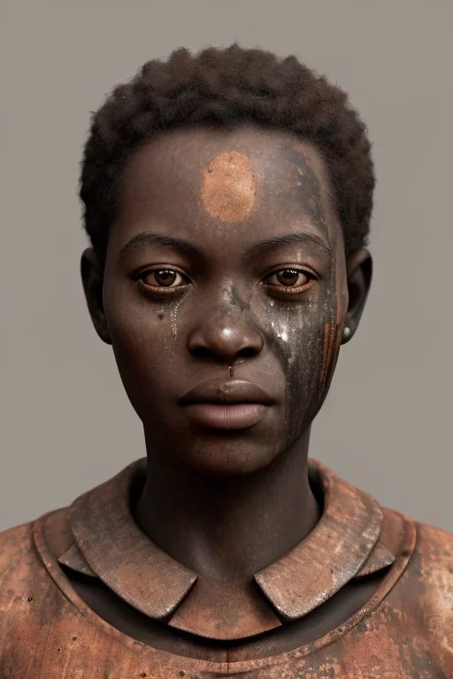 african portrait in tears, rusted clocks, rust, scaffolding, perfect face, high detail