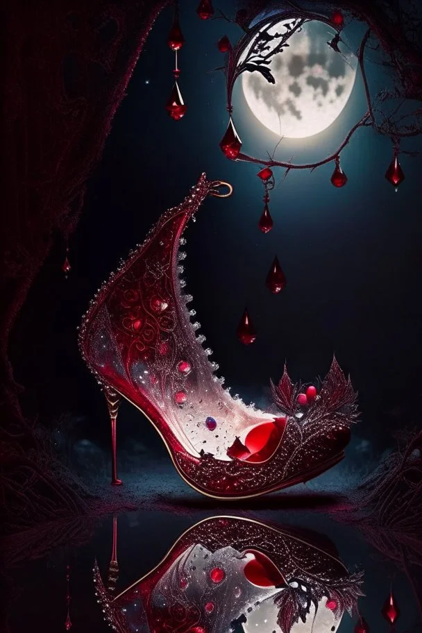 dark fantasy, intricate cover, a whimsical fairytale, translucent shoe made of moonlit glass with drops of crimson blood underneath