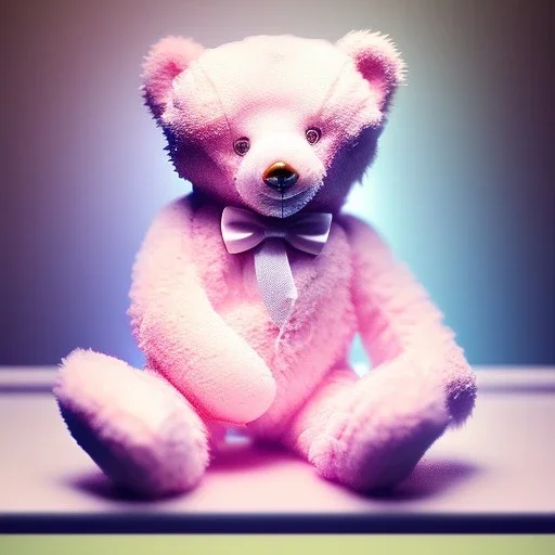 pastel pink teddy bear sitting on a store shelf alone surrounded by dust