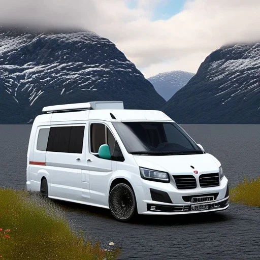 A newest Campervan is parking in a norwegian Fjord