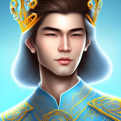 magnifique bel homme asiatique souriant ,yeux bleus,avec vetement et couronne celtique,cheveux clairs, fond bleu clair