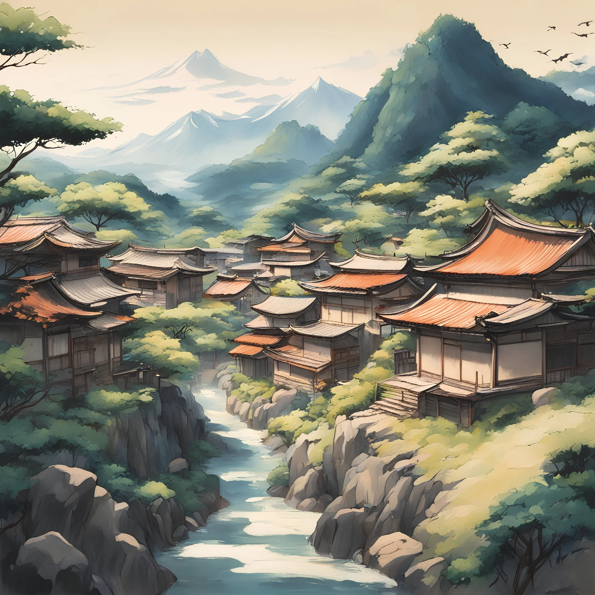 Painting manga style, apanese village in nature