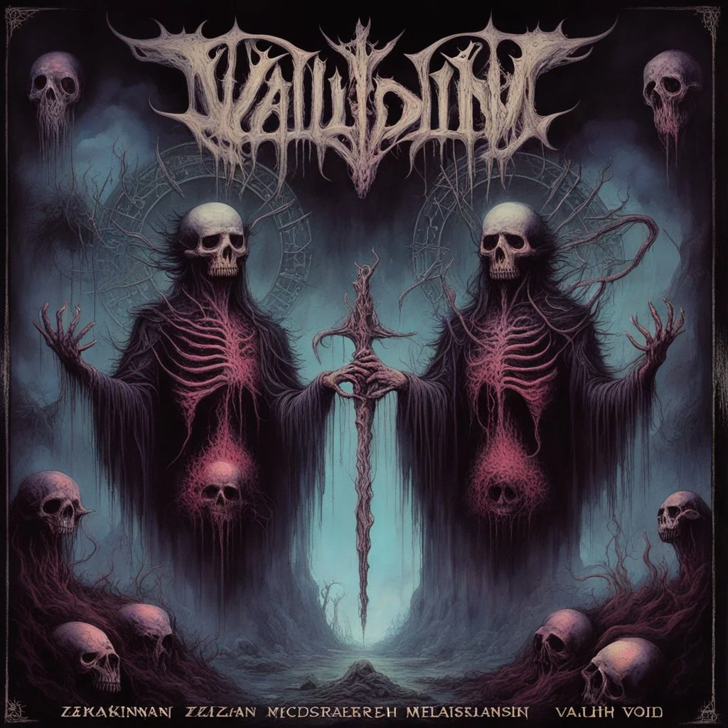 avant-garde heavy metal album cover with text "VALDRIN" in death_metal font, blacklight UV reactive light, fantastical gothic aesthetic, frightening, Two Carrion Talismans festered in a septic void, moody, profound, high resolution, maximalism, by Zdzislaw Beksinski and Jack Ohman and Colin McCahon