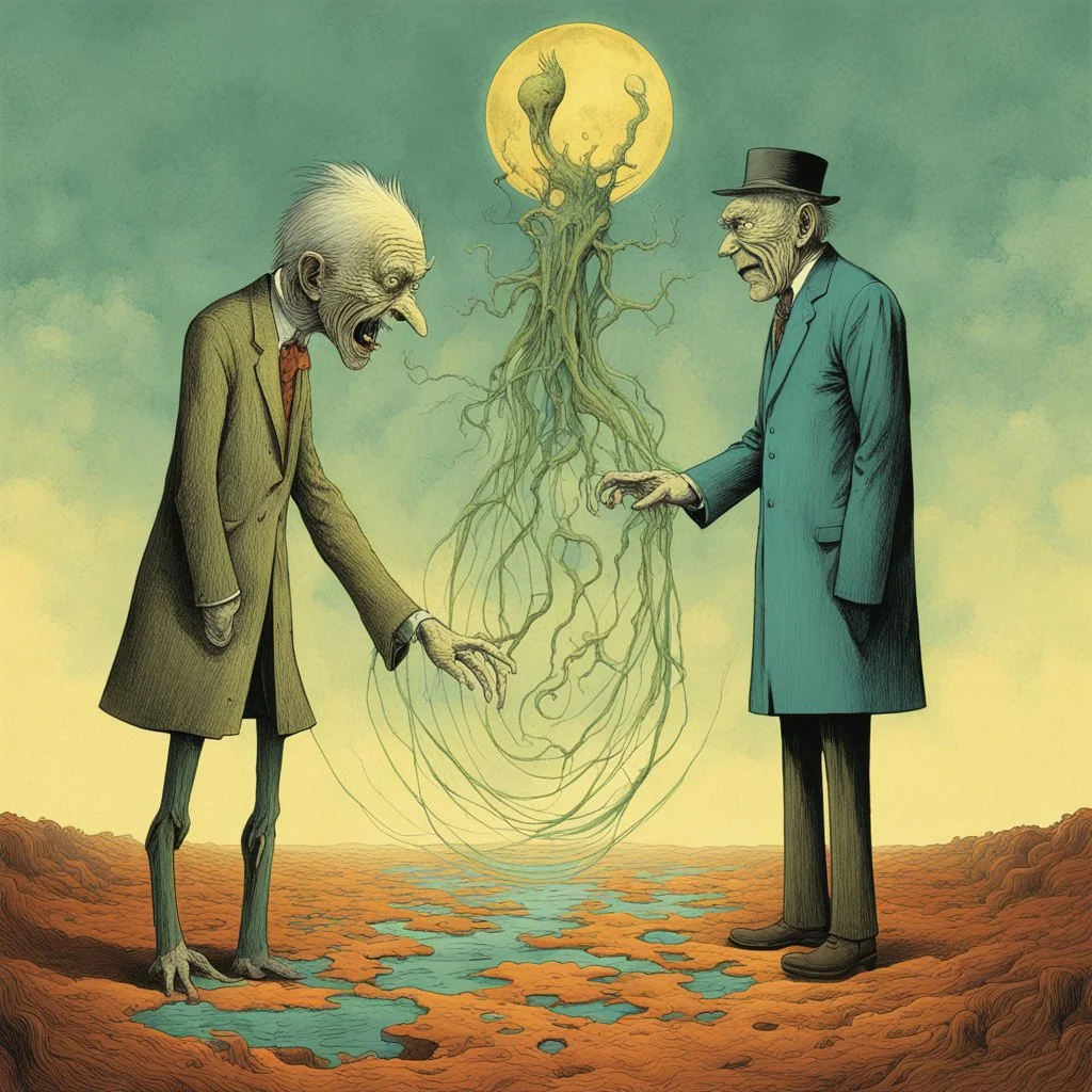 Dr. Voke and Mr. Veech puzzle over a surreal nightmare wrapped in an enigma, by Dr Suess and Zdzislaw Beksinski and ALESSANDRO GOTTARDO, surreal, strange, sharp colors, eerie, mysterious, sinister