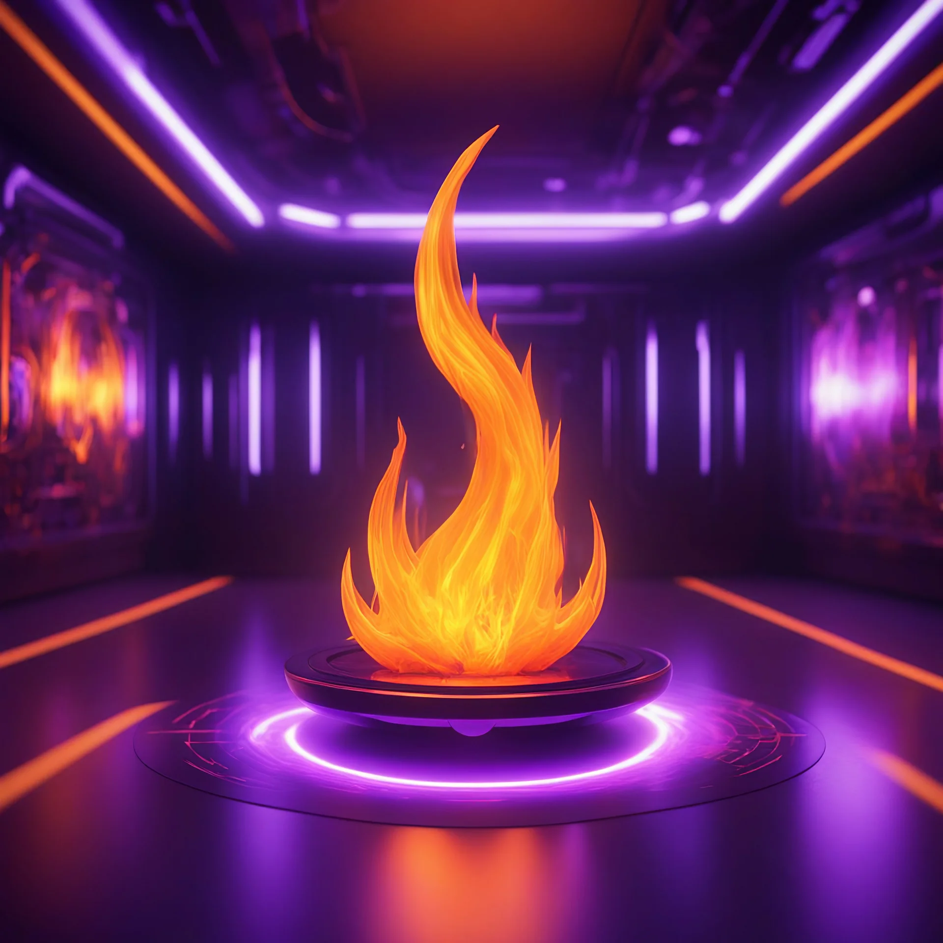 A 3D cyberpunk-inspired flame floating in a high-tech, enclosed room. The flame transitions from deep purple at its base to intense orange at its peak, with intricate energy patterns swirling within. It should have a realistic, volumetric appearance with a sense of depth and movement. The room around the flame is blurred but hints at futuristic design - sleek surfaces, subtle neon accents, and perhaps holographic displays. Vibrant lighting illuminates the scene, dominated by orange hues that ble