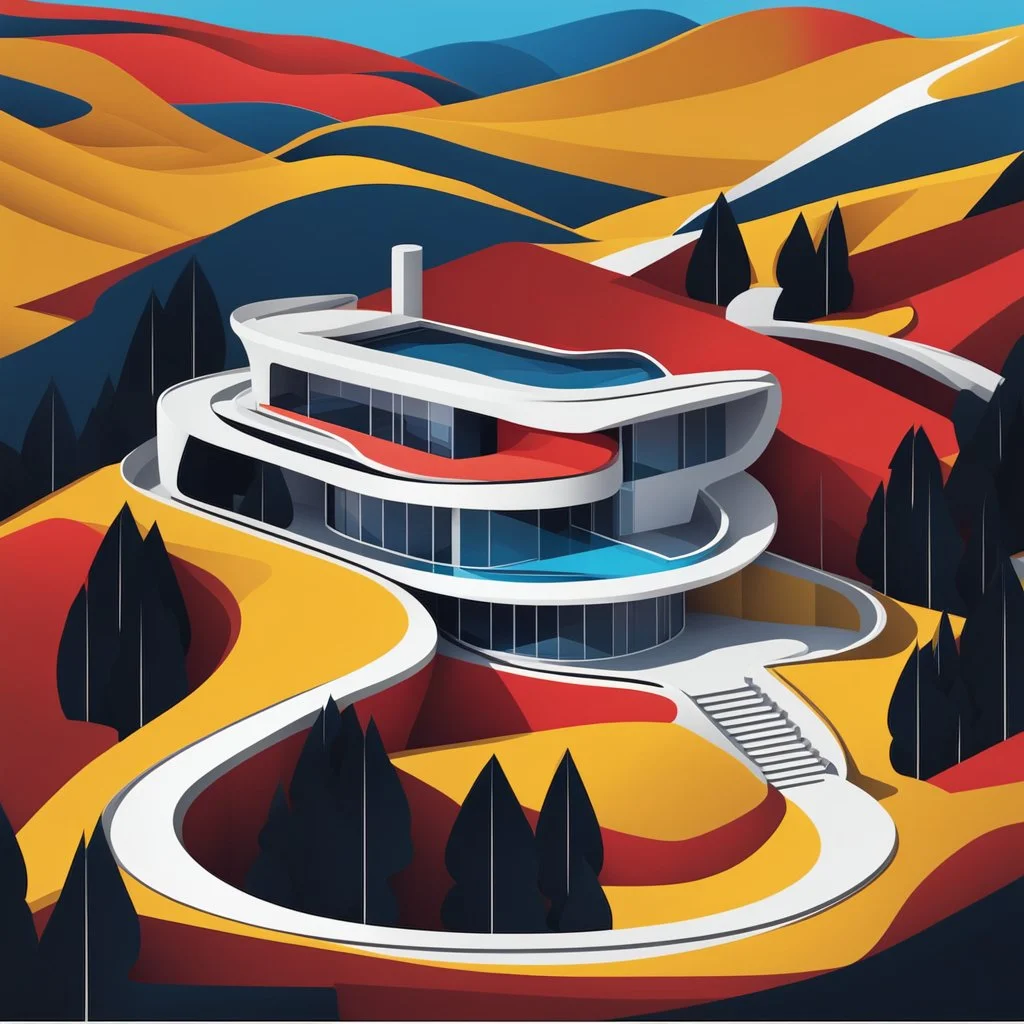 Ilustración minimalista de una casa campestre estilo Zaha Hadid en las montañas arte nouveau neón lineal color negro blanco amarillo rojo y azul calidad ultra fondo ciudad vista aérea