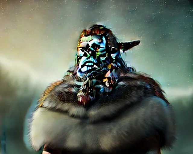 a sad and lonely viking looking up at the stars at night, hyper realistic, 8k, insane detail, atmospheric background, crying eyes, big fur coat, long braided hair, sharp focus, soft background, dynamic lighting, viking helmet, night time