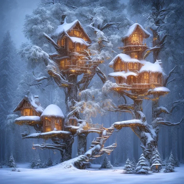 Elf tree house in the forest, 8k, realistic, intricate, highly detailed, cinematic snow effects, night