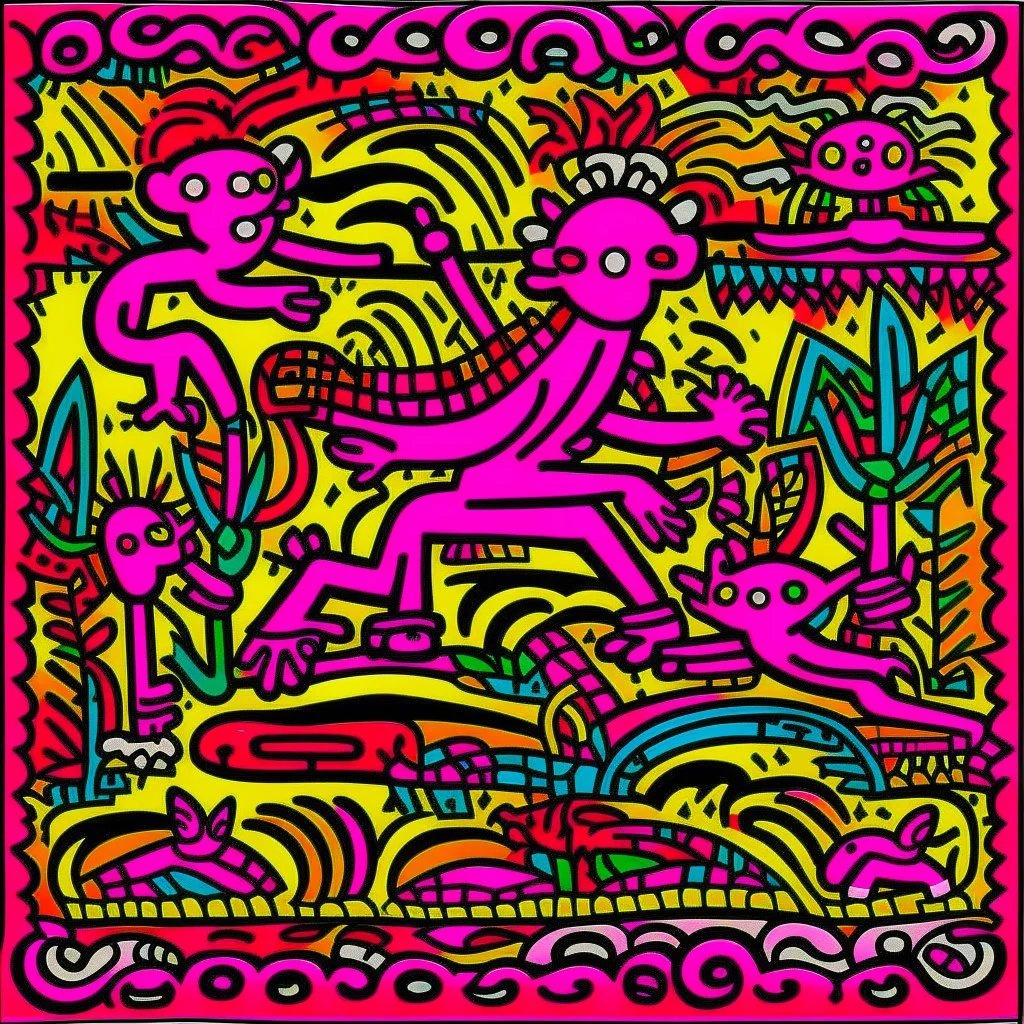Magenta psychic wetlands near a beach designed in medieval tapestry painted by Keith Haring