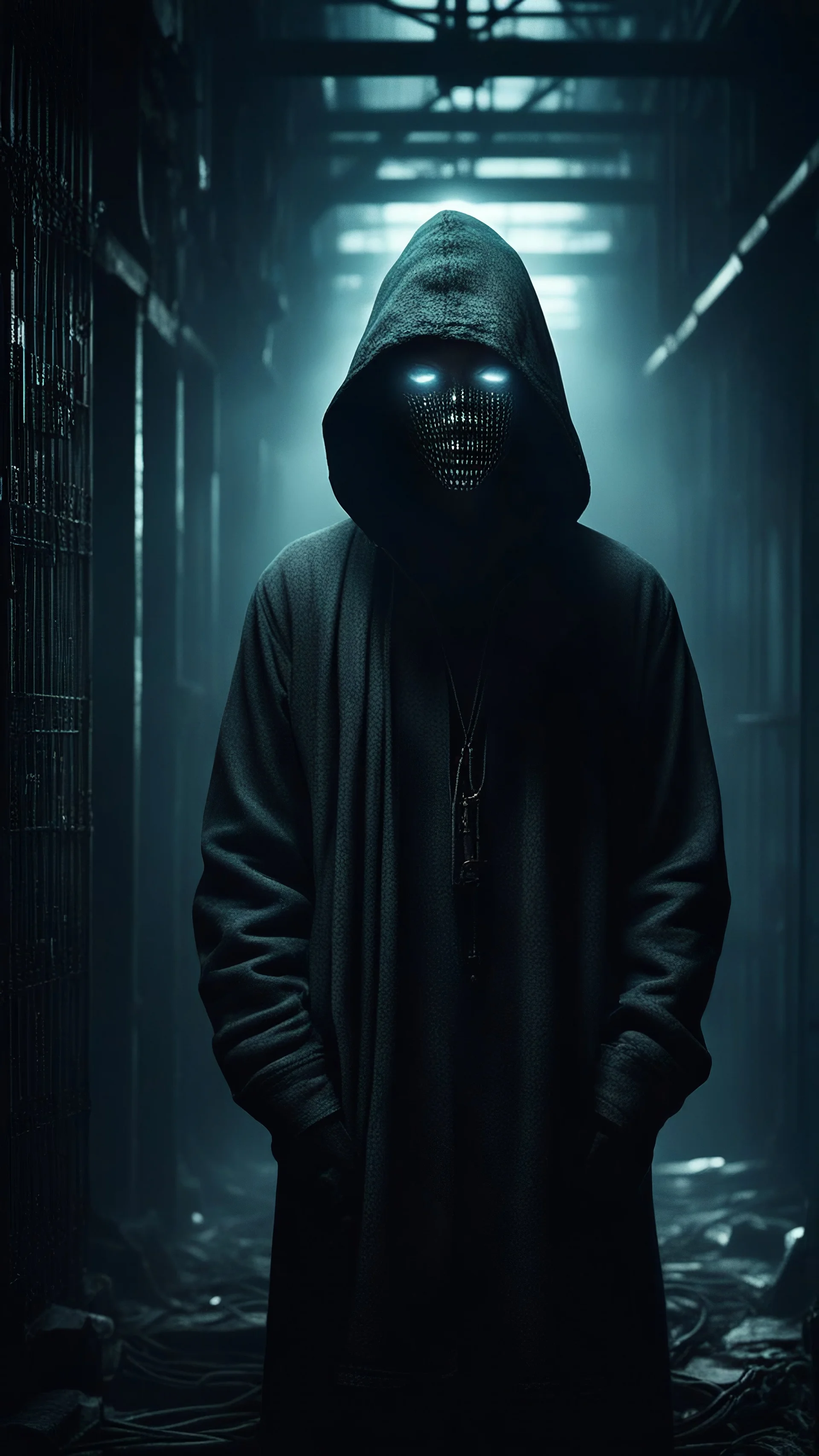 Si-Fi, a hooded man , Dr. Moreau Prison, atmospheric lighting effects, intricate industrial details, moody atmosphere, eerie grimdark ambiance, complex motherboard accents, speculative fiction art. Bokeh