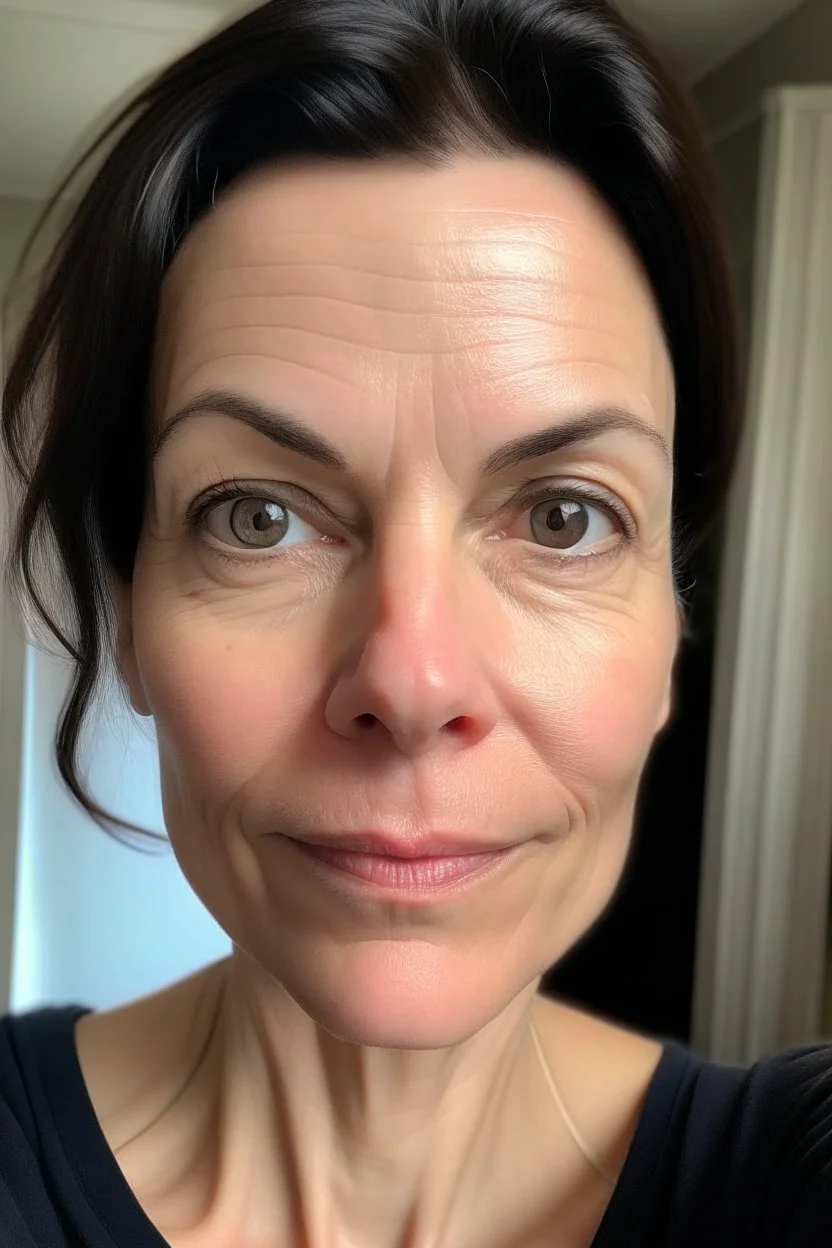 A selfie of a brunette woman, middle short hair taken after massage at spa salon. showing a 47-year-old European woman. She has white skin, tousled black hair, pretty face without makeup, big round brown eyes, cute profiled nose, detailed full lips, skin texture.