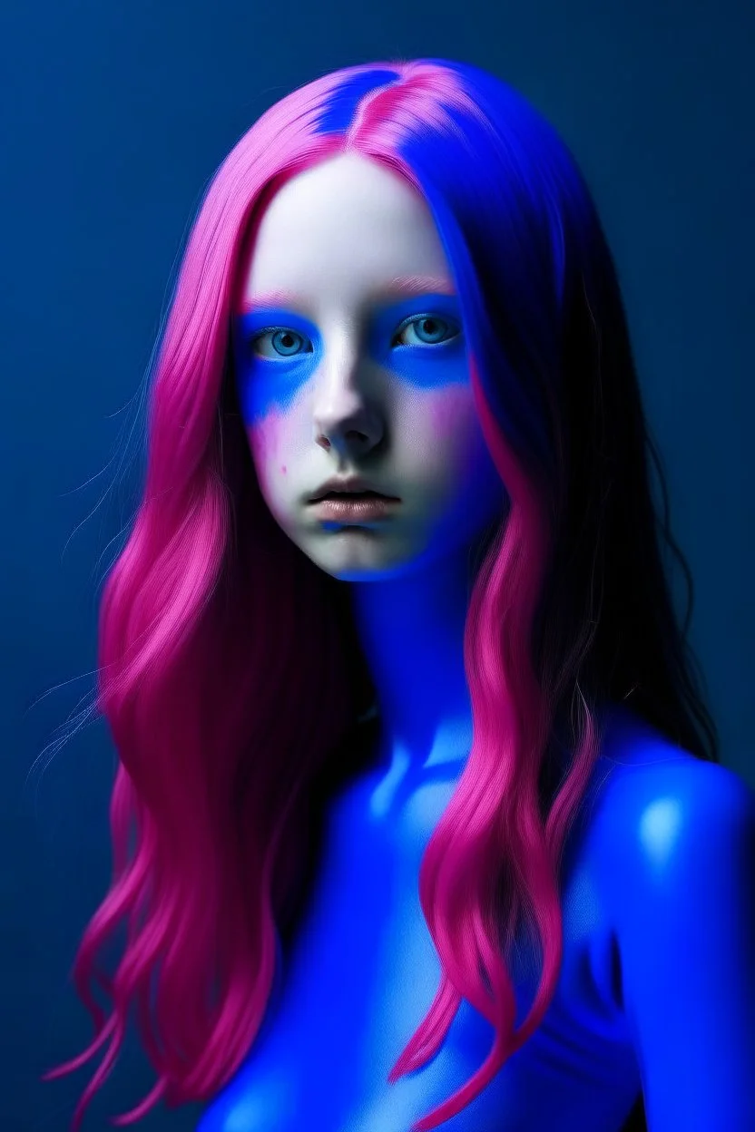 Girl face in indigo rubber effect in all body with pink long rubber effect hair