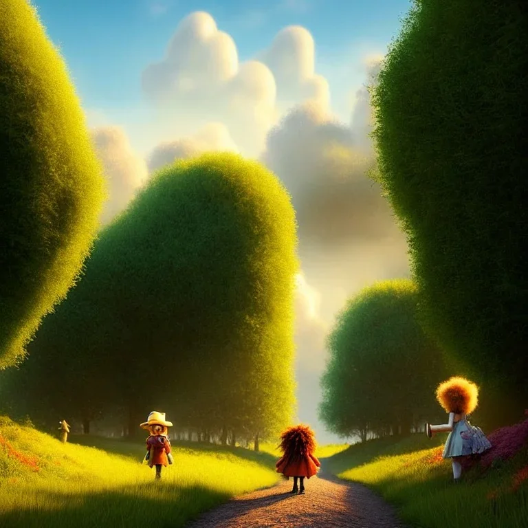 cute fluffy lion, scarecrow, tin-man, little girl on a journey into the woods walking on a yellow brick road, cute adorable pop surrealism, lowbrow art, realistic, street fashion, fluffy , pixar style, hyperrealism, rococo, Pixar, Disney, concept art, 3d digital art, Maya 3D, ZBrush Central 3D shading, bright colored background, radial gradient background, cinematic, Reimagined by industrial light and magic, 4k resolution post processing 8k resolution holographic astral cosmic illustra