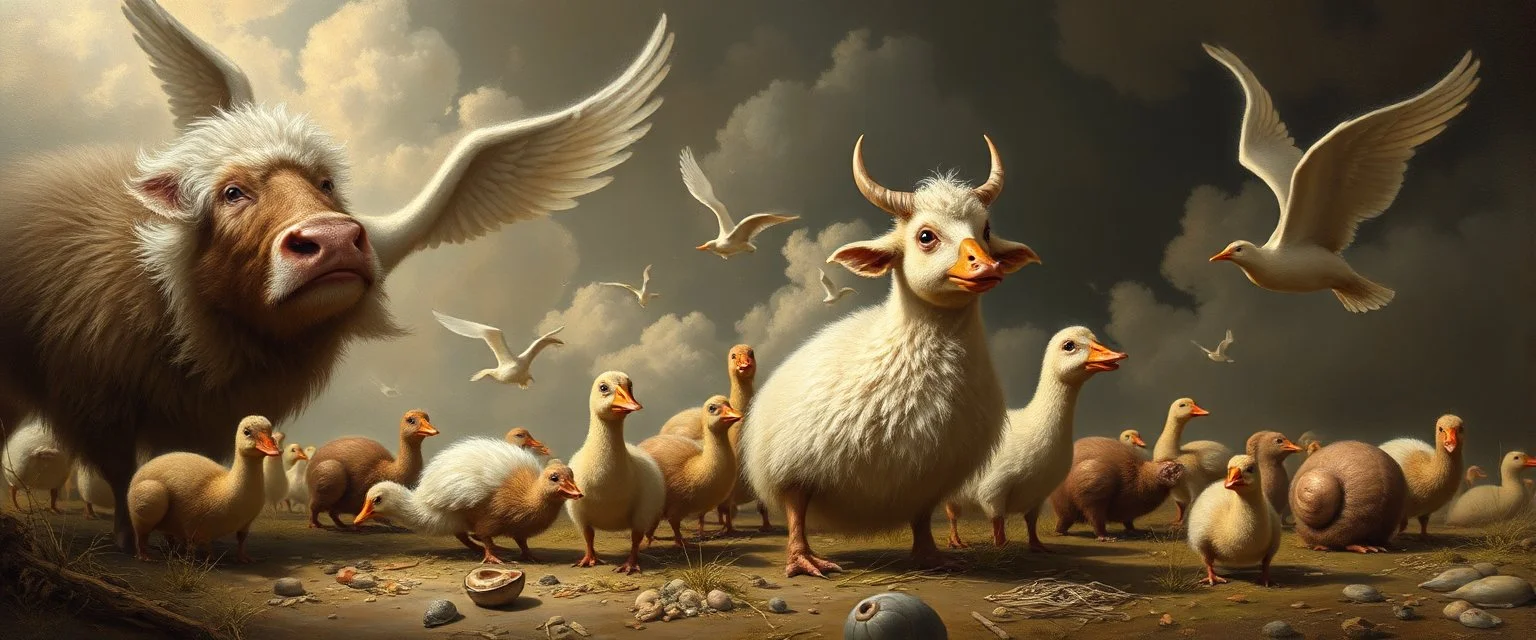 Bill Gates paint a picture of heavenly fluffy elevated messed up woodland duck cow snail and ad & d monster creatures flock painted by Nerdrum and Rembrandt