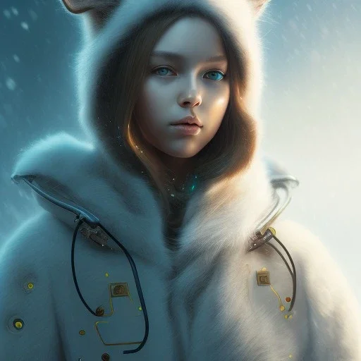 Cyberpunk Portrait of cat child with brown hair and with cute face, north pole snowy vibe , perfect composition, hyperrealistic, super detailed, 8k, high quality, trending art, trending on artstation, sharp focus, studio photo, intricate details, highly detailed, by greg rutkowski