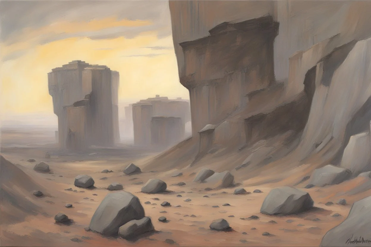 Grey sky, planet in the sky, rocks, cliffs, sci-fi, rocky arid land, 90's sci-fi movies influence, rodolphe wytsman and friedrich eckenfelder impressionism paintings