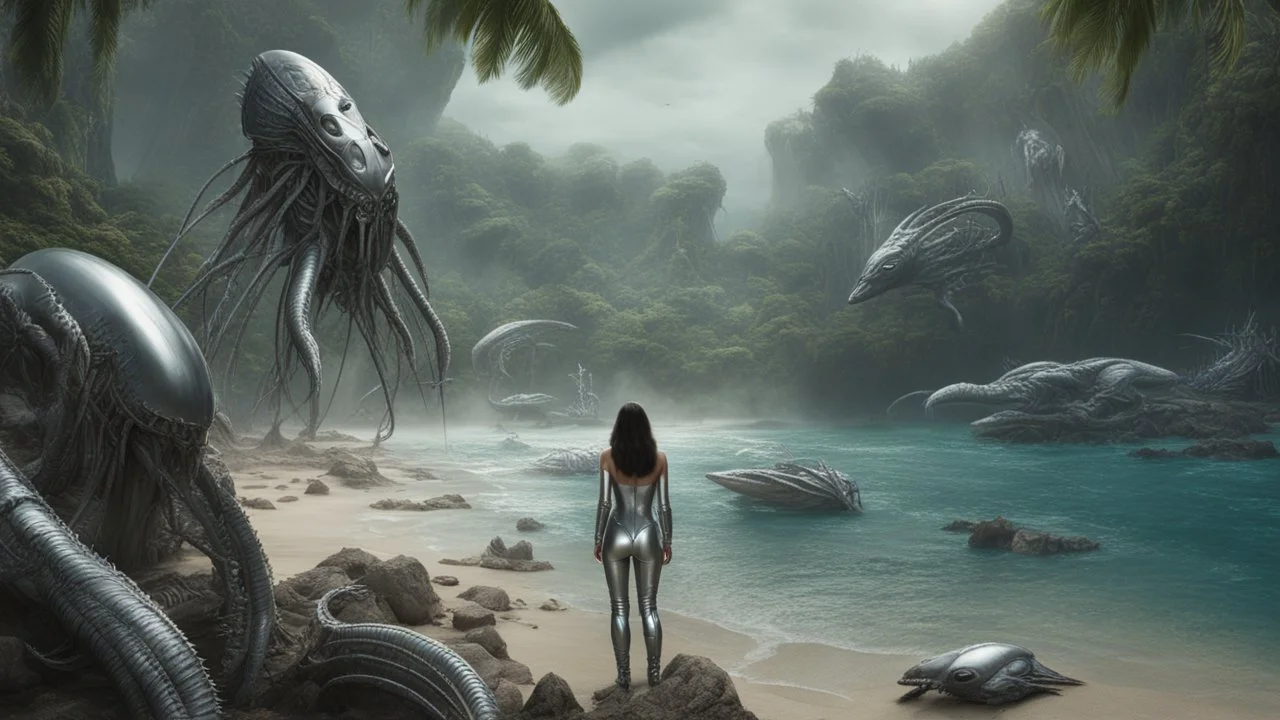 Detailed matte painting of a wide-angle shot of a woman, standing on the right side of an alien beach, with dark hair in a silver robotic catsuit, many large floating creatures with shells and long tentacles, alien jungle trees in the distance