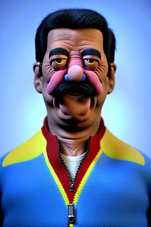 Waist up muppet Portrait, Nicolas maduro us muppet doll, Venezuelan president, tracksuit red blue and yellow, mustache, photo studio, red background, unreal engine 5, concept art, art station, ray tracing, lumen lighting, ultra detail, volumetric lighting, 3d.