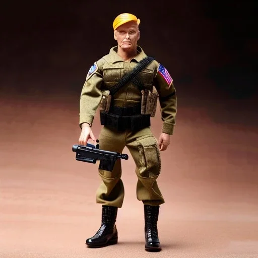 G.i. Joe toy camouflage khaki doll Donald Trump orange face angry with boots full body in package high resolution 2019, in a box with gun