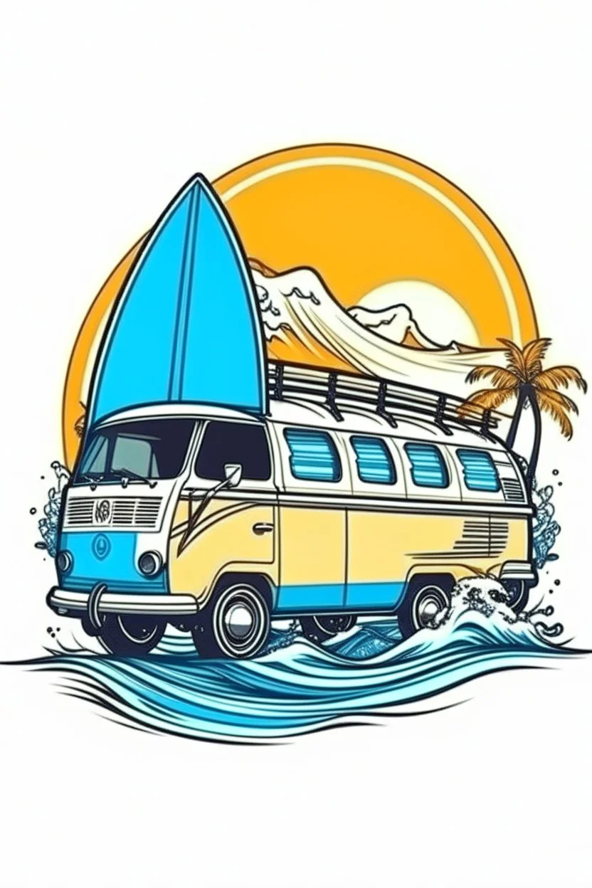 A ilustration of surf van, beach, middle ground design, t-shirt design, white background , no black ground, vector, 4k