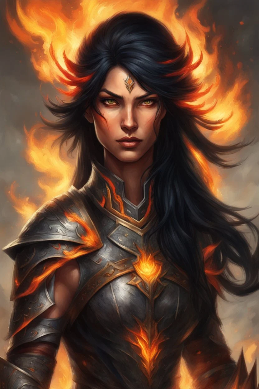 Imagine a fierce eladrin druid with blazing jet-black hair, each strand seemingly on fire, conjuring flames with her hands. Her eyes, glowing like fierce infernos, add to the intense display of elemental power. Clad in minimalistic armor, she channels magic and fire, a notable scar on her face revealing battles fought. Tanned skin complements her commanding presence, embodying strength and elemental mastery in a straightforward blaze of intensity.