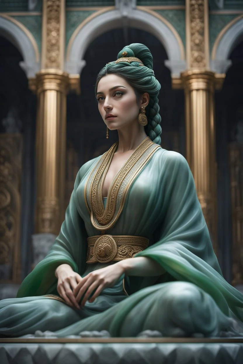 highly detailed marble and jade statue on a plint of a young woman. long braided hair and short beard, full body shot, invisible gloves, , volumetric fog, Hyperrealism, breathtaking, ultra realistic, unreal engine, ultra detailed, cyber background, Hyperrealism, cinematic lighting, highly detailed, breathtaking, stunning temple environment