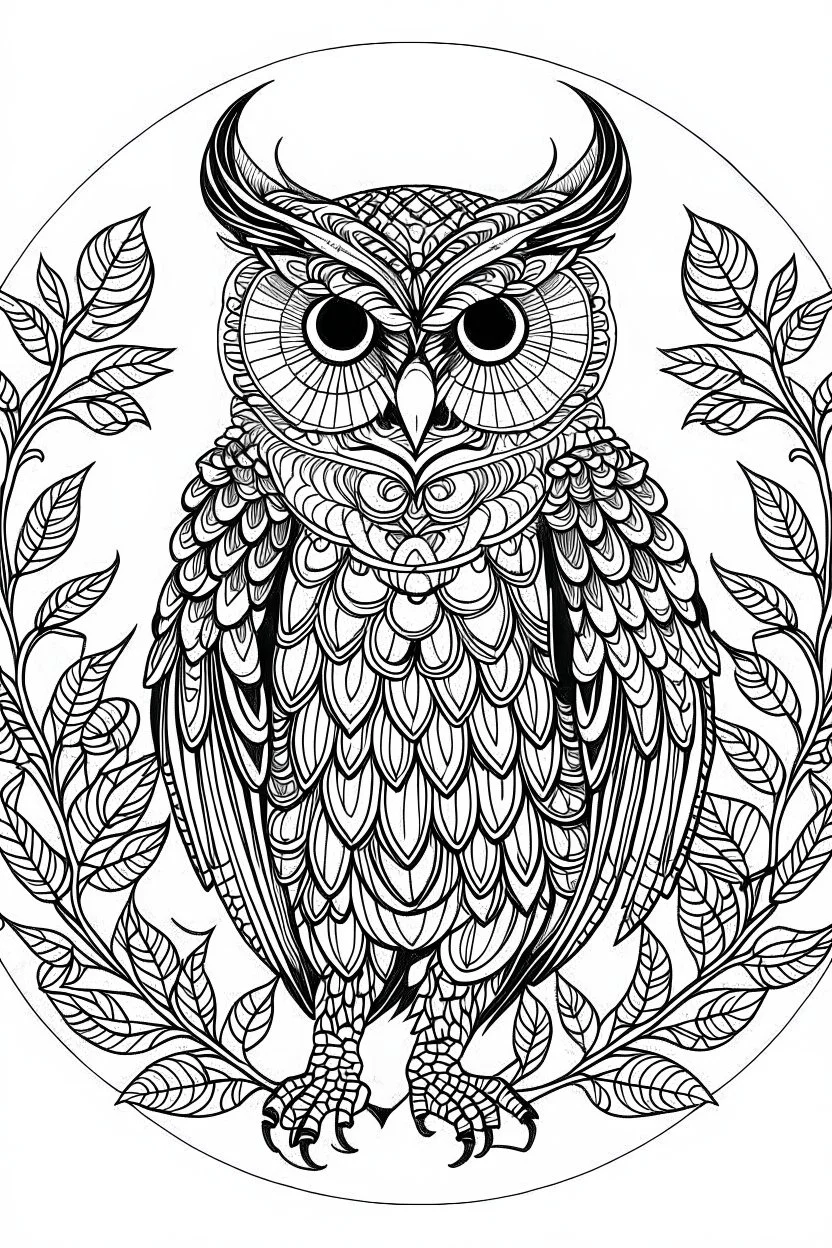 a wise owl in a charming European woodland, clean line art, monochrome, for kids coloring book, white background