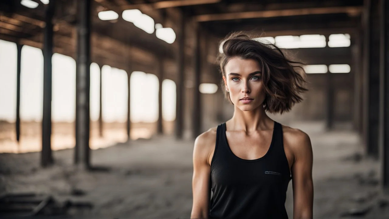 beautiful caucasian female technician, black tank top, well toned muscles, weathered face, scratched sand camo metal details, short brunette wavy bob haircut, dystopian, desert scene