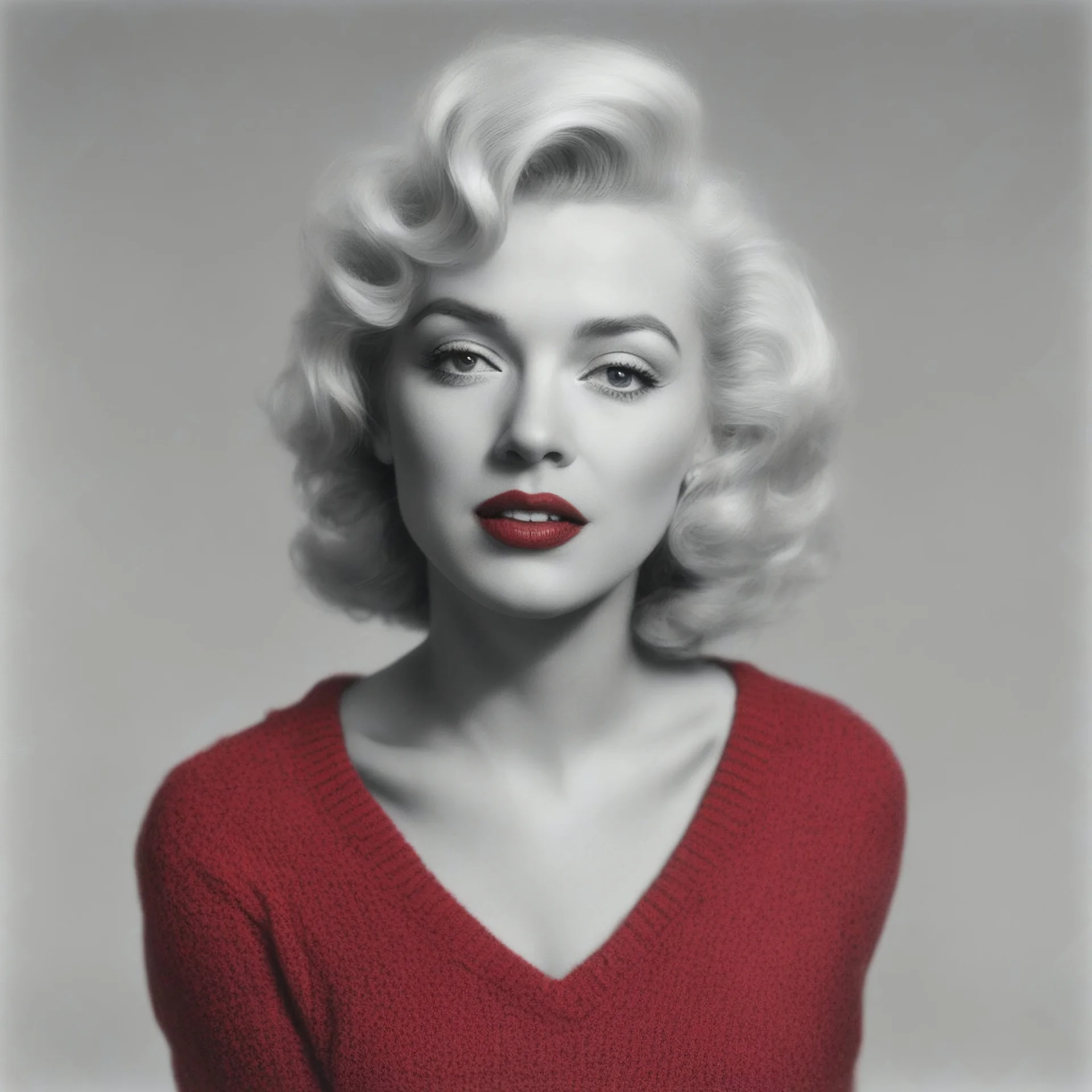 Marilyn monroe in a red woollen sweater, v collar, white bacground