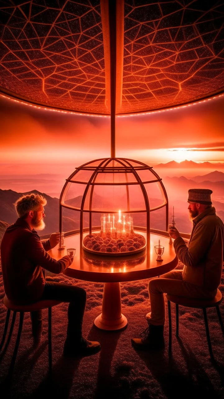 full shot of happy dandys drinking in a floating glass dome, dreamlike atmosphere, in the background the landscape burns like hell, in the style of man ray