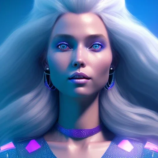 A portrait of a crystalised blue pink queen,smiling face, blue eyes, long blond hair, atmospheric, realistic, unreal engine, lighting, octane render.