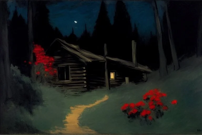 Night, cabin, pine trees, pathway, red flowers, edouard manet impressionism painting