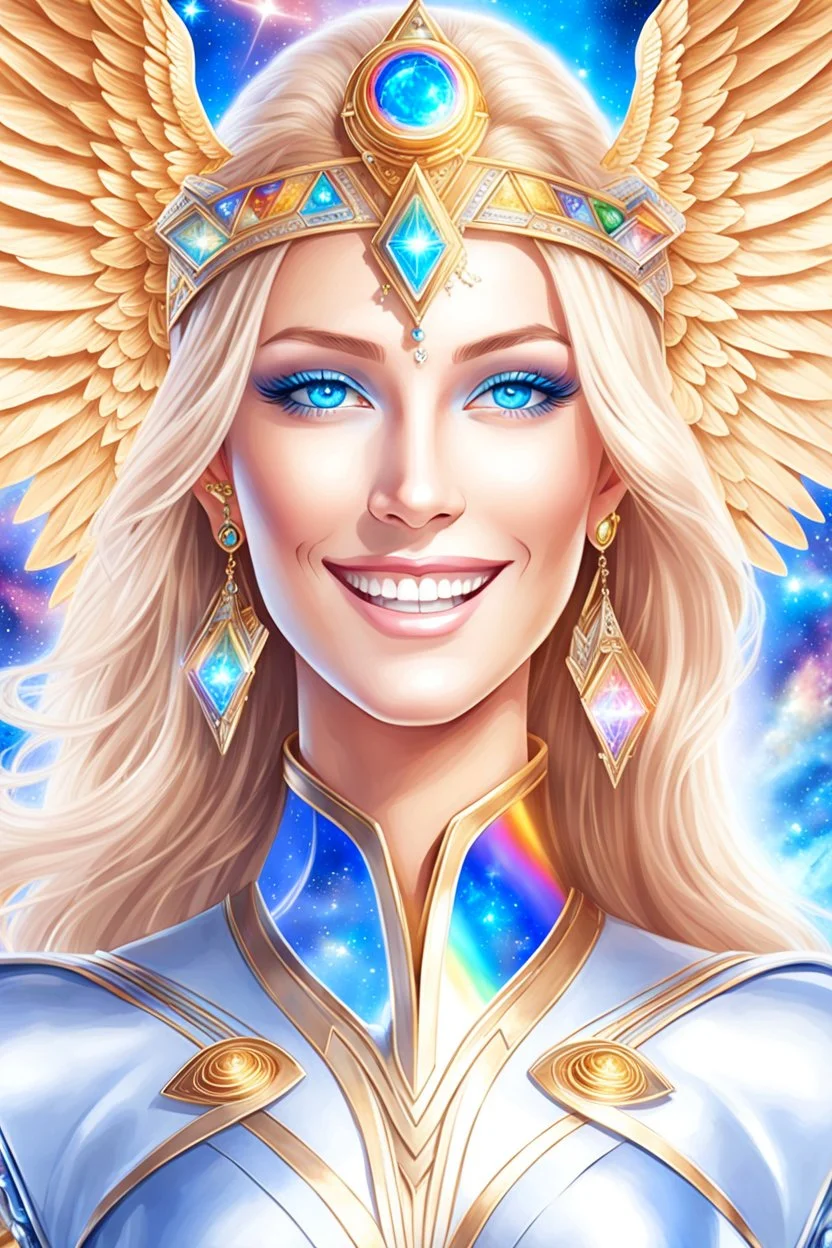 cosmic woman angels smile, admiral from the future, one fine whole face, crystalline skin, expressive blue eyes,rainbow, smiling lips, very nice smile, costume pleiadian, Beautiful tall woman pleiadian Galactic commander, ship, perfect datailed golden galactic suit, high rank, long blond hair, hand whit five perfect detailed finger, amazing big blue eyes, smilling mouth, high drfinition lips, cosmic happiness, bright colors, blue, pink, gold, jewels, realist, high commander,ufo rainbows