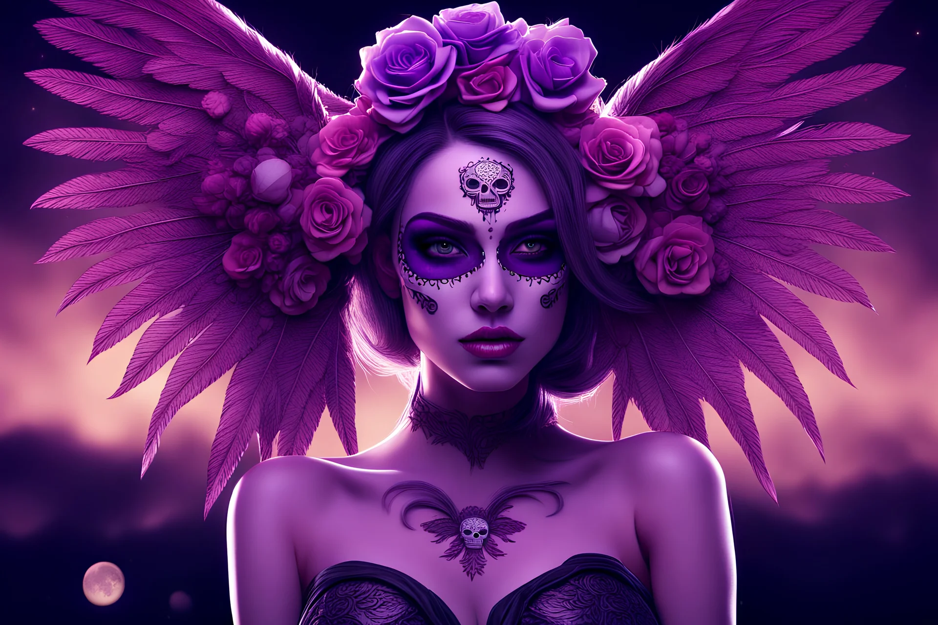 beautifull girl sugarskull,whit tattoo, pretty eyes, big wings, photography, volumetric lighting, ultra-detailed photography, black background, Perfect anatomy, super high resolution + UHD + HDR + highly detailed, hyperrealistic, dynamic lighting, purple, gold, PINK colors, STARS BACK AND MOON, FLOWERS PURPLE ARROUND