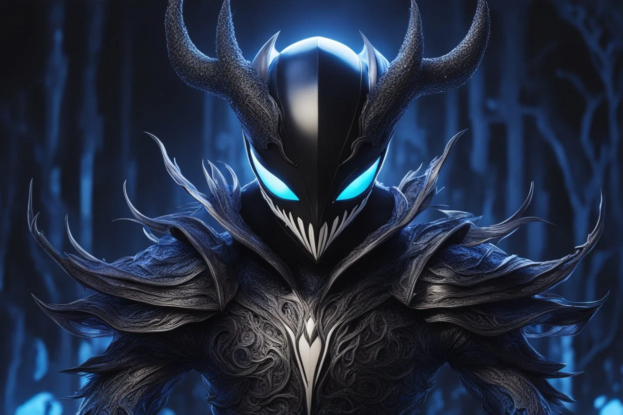 Huge symbiote in 8k hollow knight drawing, shaco model, Halloween theme, neon blue lights, Chaos sea, intricate details, highly detailed, high details, detailed portrait, masterpiece,ultra detailed, ultra quality