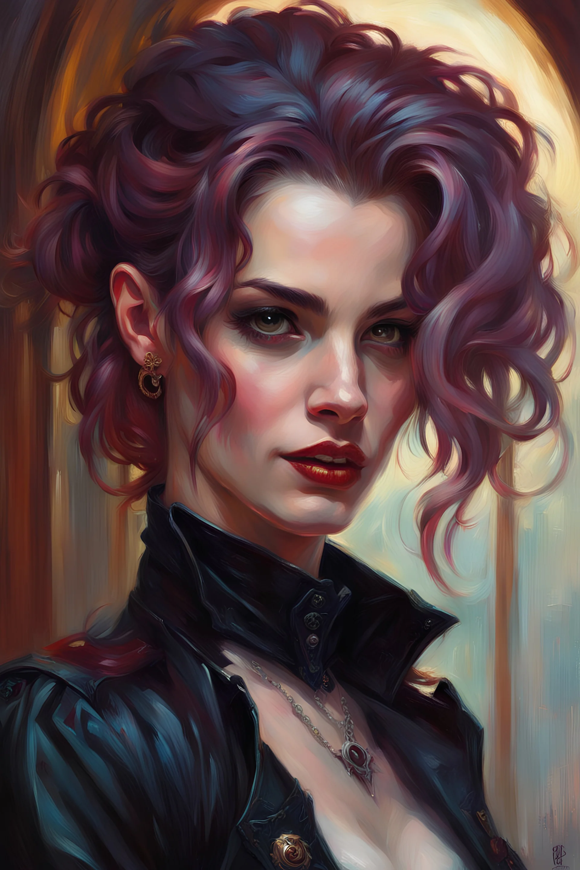 oil painting of a gothpunk mercenary vampire girl with highly detailed hair and facial features ,in the painting style of Daniel F. Gerhartz, with a fine art aesthetic and a highly detailed brushstrokes, realistic rococo style