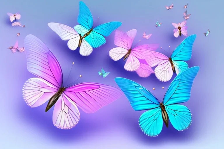  gold background, rise of soft transparent blue and pink butterflies