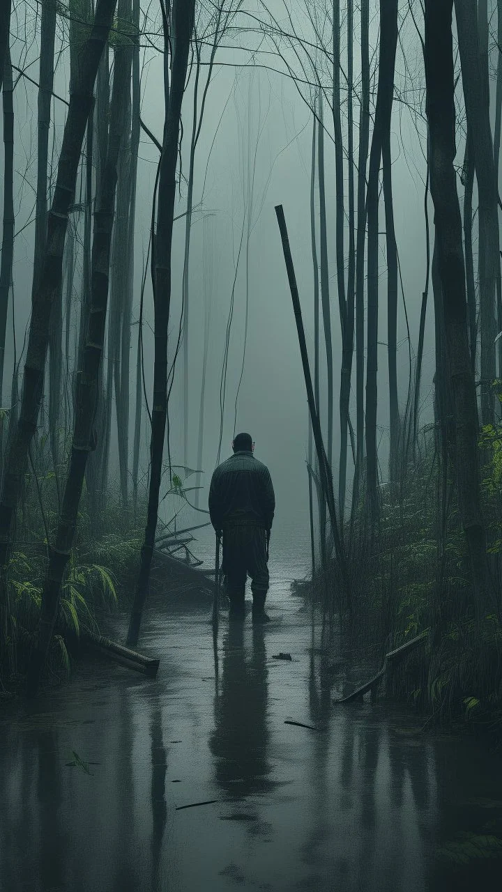 A swamp surrounded by bamboos long trees in cloudy, depressing, foggy, with a dim of light in the distance , on the side an abandoned old hose covered with leaves. A back view of a very tall skinny man in black turn his head to you with open eyes and mouth