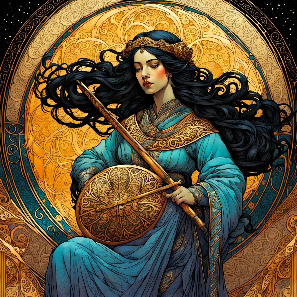 create an ethereal, darkly magical illustration of an epic female Andalusian lute player with highly detailed and deeply cut facial features, in the style of GUSTAV KLIMT and ALPHONSE MUCHA combined with the comic art style of BILL SIENKIEWICZ and JEAN GIRAUD MOEBIUS, searing lines and forceful strokes, precisely drawn, inked, and darkly colored